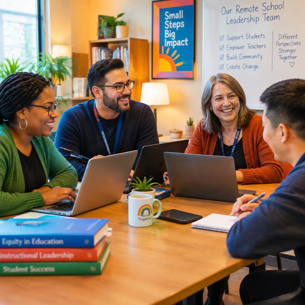 Diverse remote school leadership team collaborating around a table with laptops